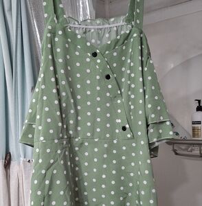 Green OFF SHOULDER Polka Dot Button-Up Dress